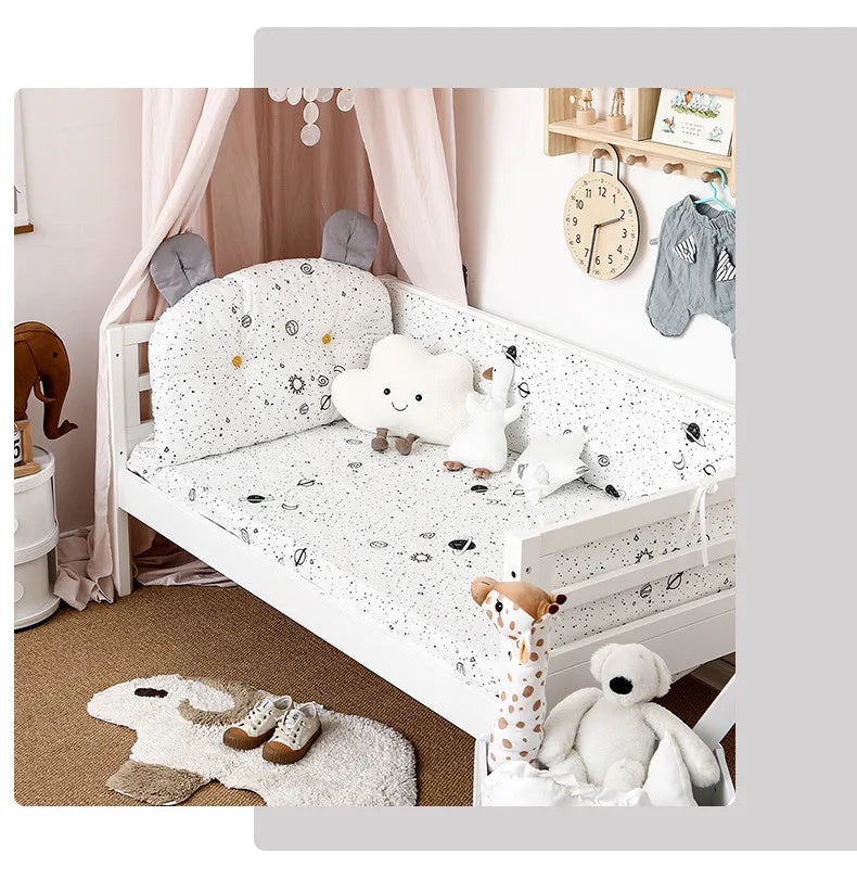 4Pcs Baby Bedding Set Cotton Cartoon Bear Head Crib Bed Protector Bumper Newborns Sheet Child Bed Baby Washable Cot Bedding Set