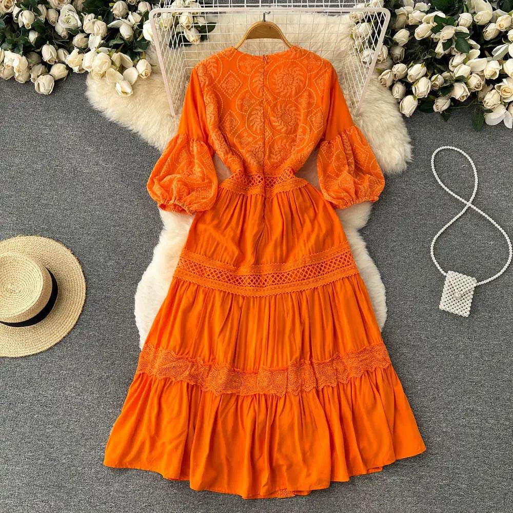 New Women Lantern Sleeved Elegant Dress Summer French Hollowed Out Mid Length Dresses Korean Style Vintage Long Dress - AIAZ