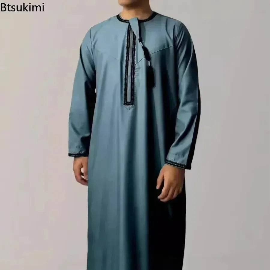 New Men's Muslim Fashion Abayas Dress O Neck Long Sleeve Pullover Kaftan Pakistan Saudi Arab Caftan Islamic Clothing Prayer Robe - AIAZ
