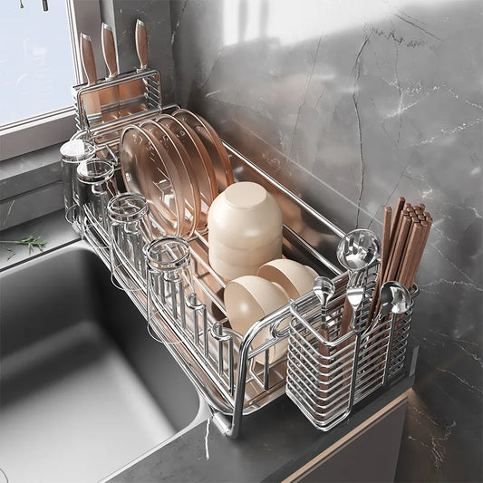 Dish Drain Rack Holder 304 Stainless Steel Bowl Drainer Tableware Cup Drying Rack Kitchen Accessories Storage Organizer Shelf