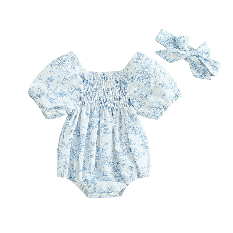 Citgeett Summer Infant Baby Girls Bodysuit Floral Print Puff Sleeve Clothes Jumpsuits Headband Blue Suit