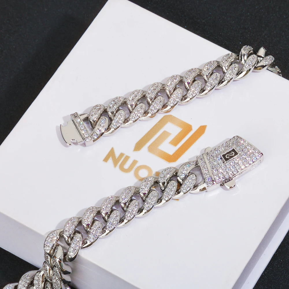 12mm S925 Silver Double Row VVS Frozen Diamond Monaco Chain 18K Gold Plated 100% Passed Diamond Tester Moissanite Necklace