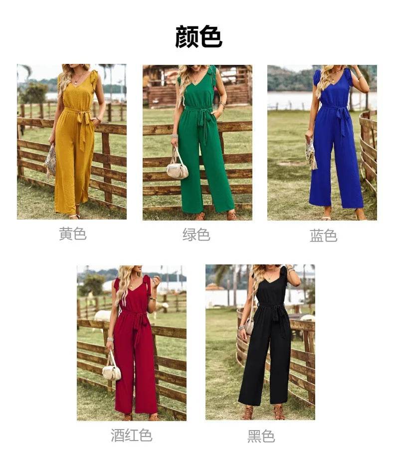 2024 Summer Women's New Commuter Style Solid Color Sexy Back V-neck Bareback Sleeveless Strap Waist Nine Part Pants Jumpsuit - AIAZ