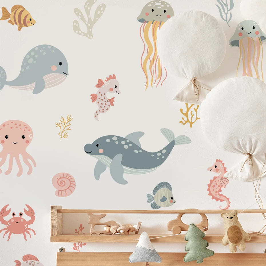 Watercolor Cartoon Ocean Fish Animal Wall Sticker Living Room Bedroom Sea Life Beach Landscape Wall Decal Home Decor