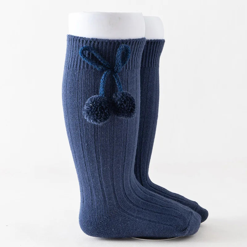 Baby Socks Solid Cotton Soft Long Princess Socks with Cute Pom-Pom Bow Decor Boy Girls Stretchy Warm Cozy Casual Socks Stockings