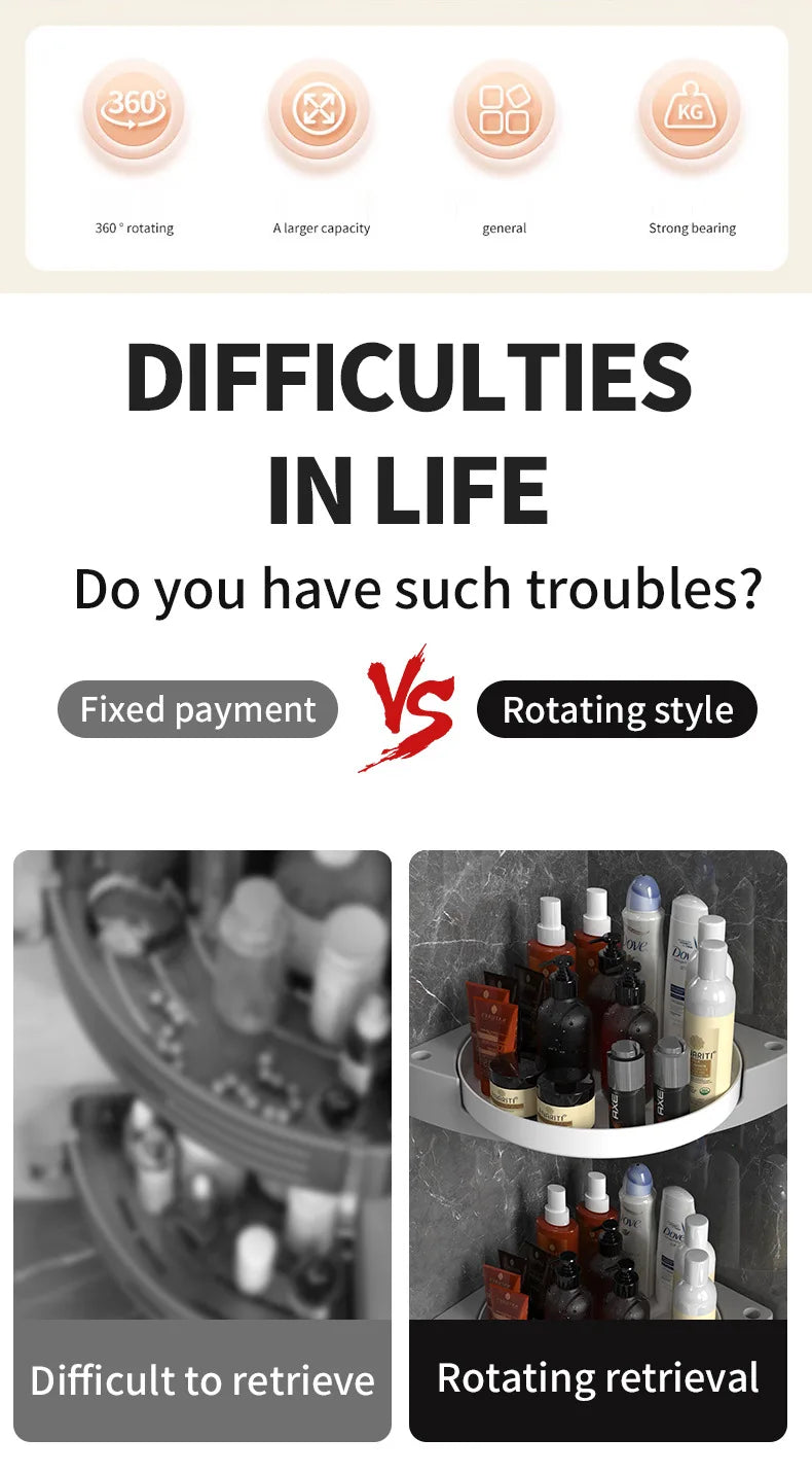 360° Rotate Shower Organizer Shelves Bathroom Swivel Shelf Kitchen Storage Organiser Shower Shelf  Bathroom Accessories