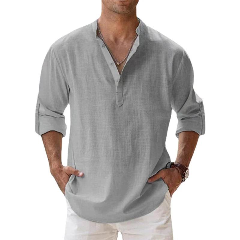 New Cotton Linen Shirts for Men Casual Shirts Lightweight Long Sleeve Henley Beach Shirts Hawaiian T Shirts for Men - AIAZ