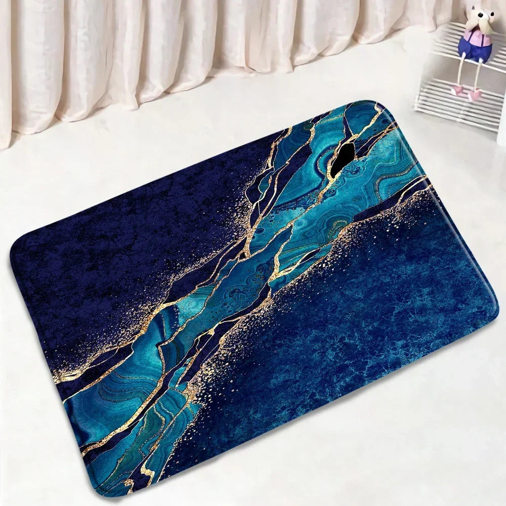 Abstract Marble Bath Mat Sets Modern Geometric Gold Lines Blue Texture Pattern Bathroom Decor Carpet Non-Slip Rugs Toilet Cover