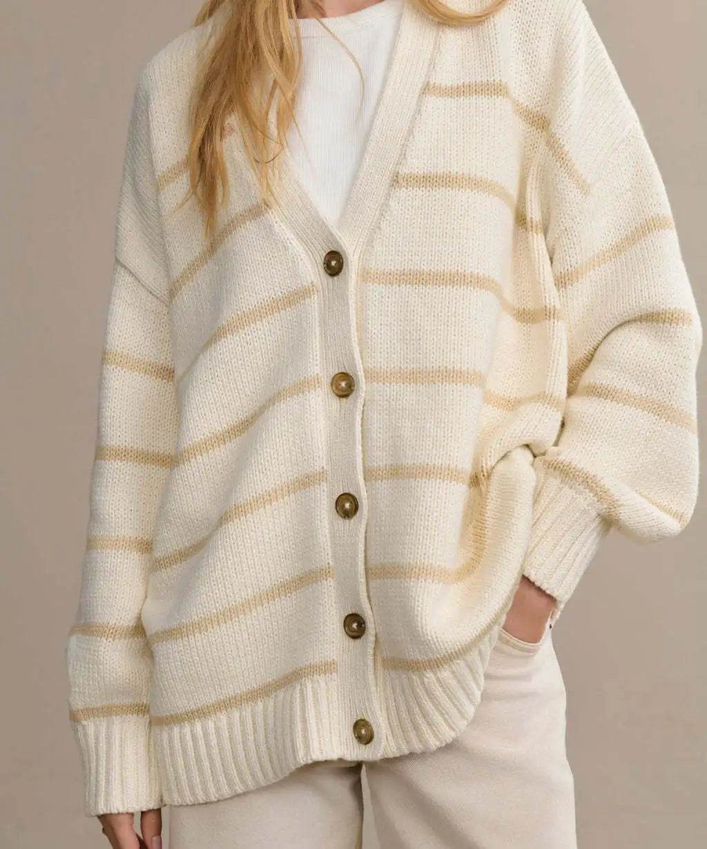Casual Stripe Knitted Cardigan For Women 2025 Autumn Winter Single Breasted V-Neck Sweater Female Loose Coat - AIAZ