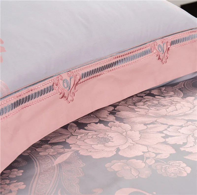 Sliver Gold Luxury Silk Satin Jacquard duvet cover bedding set queen king size Embroidery bed set bed sheet/Fitted sheet set