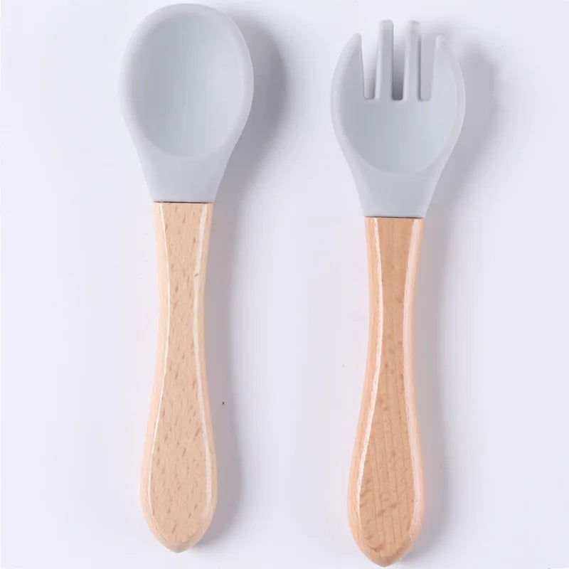 Custom Name Personalized Baby Bamboo Fork Silicone Wooden Feeding Spoon Toddlers Infant Feeding Accessories Organic BPA Free