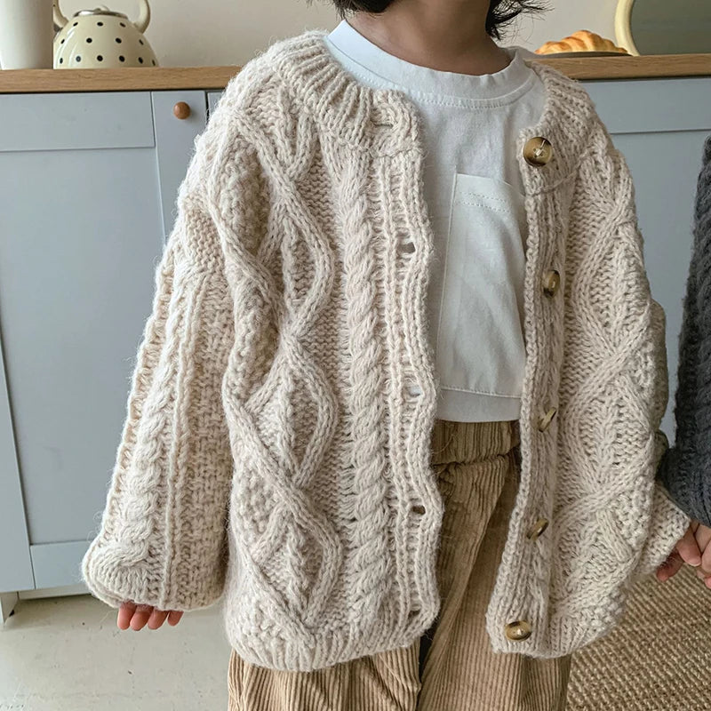 1 2 3 4 5 6 7 8 Years Girls Knitted Sweater Cardigan New Fashion Baby Coarse Wool Hemp Retro Cardigan Boys Coat Kids Clothes