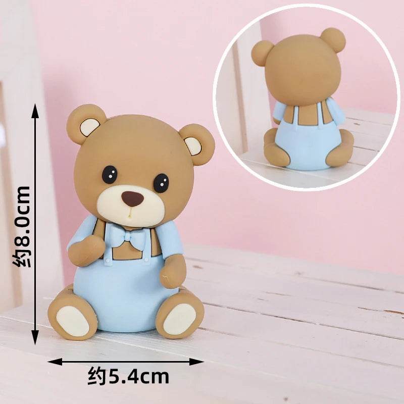 Brown Bear Doll Cake Toppers Happy Birthday Pink Blue Bear Theme Cake Topper for Birthday Baby Shower Wedding Cake Deocrations - AIAZ