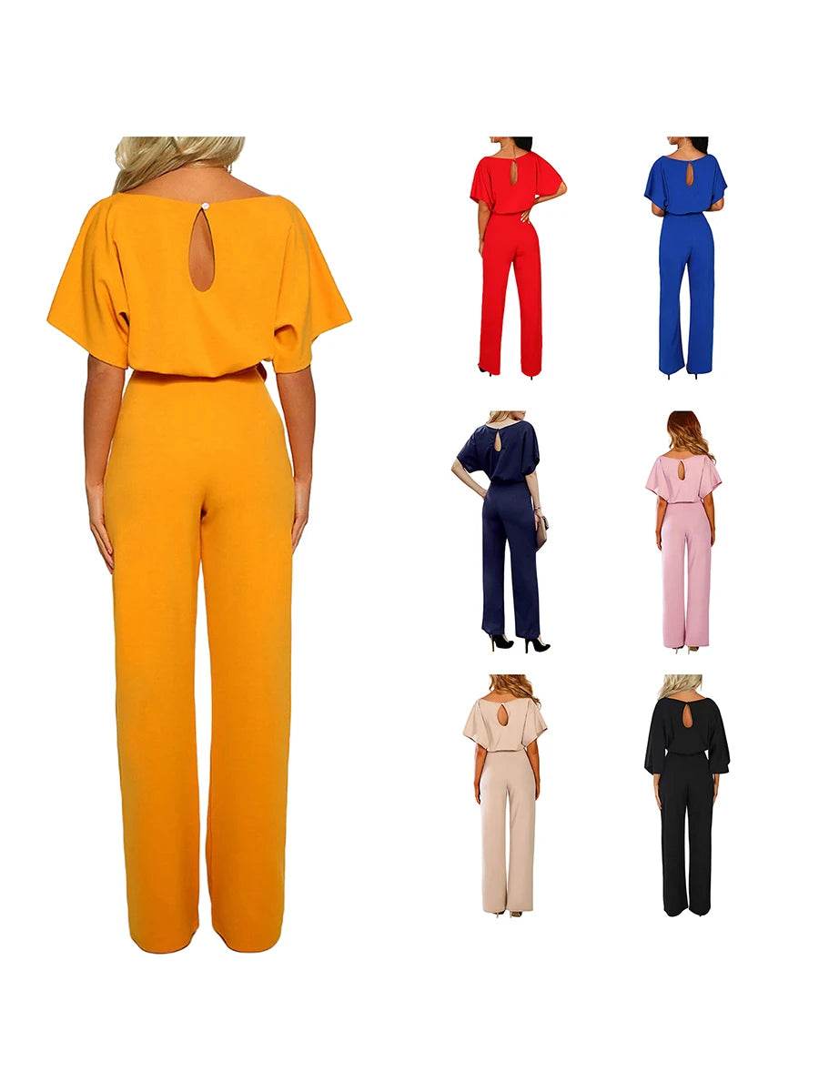 Women's clothing summer 2024 Jumpsuit, Elegant Short Sleeve Hollowed Waist Tie Solid Summer Wide Leg Pants - AIAZ