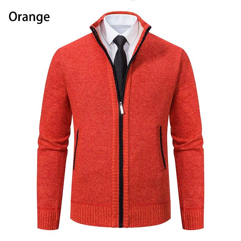 Autumn And Winter New Jersey Men's Casual Sports Coat Solid Color Stand Collar Wweater Grab Fleece Warm Zipper Cardigan - AIAZ