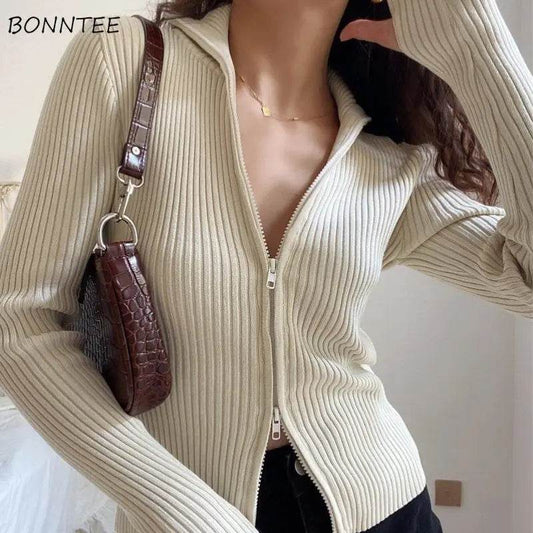 Knitted Cardigan Women Double Zippered Solid Long Sleeve Cropped Tops Casual Turn-down Collar Sexy Slim Fashion Basic Sweaters - AIAZ