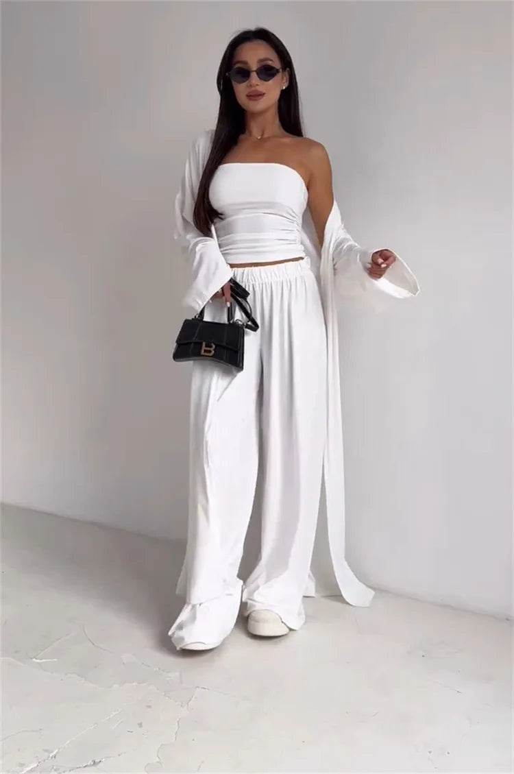 Pants Sets Women Solid Color Loose Long Cardigan Coat Tube Top High Waist Wide Leg Trousers Three Piece Set Casual Lady Suits - AIAZ