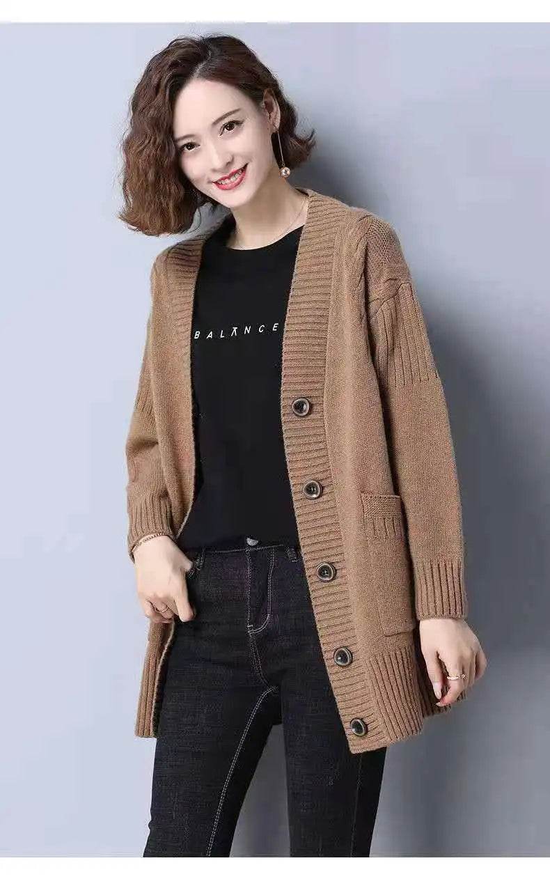 Knitted cardigan women's mid length westernized top autumn and winter new Korean version loose sweater age reducing jacket women - AIAZ