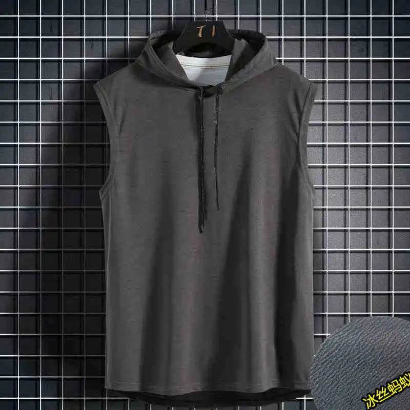 Men Tie Collar Hooded Sleeveless Vests Male Summer Loose Solid Hip Hop Tee Shirt Tops - AIAZ