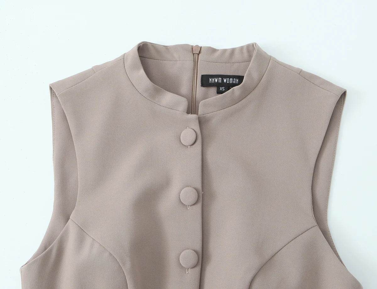 TRAFZA Women Fashion Sleeveless O Neck Slim High Waist Jumpsuits Woman Casual Summer Solid Elegant Single breasted Playsuits - AIAZ