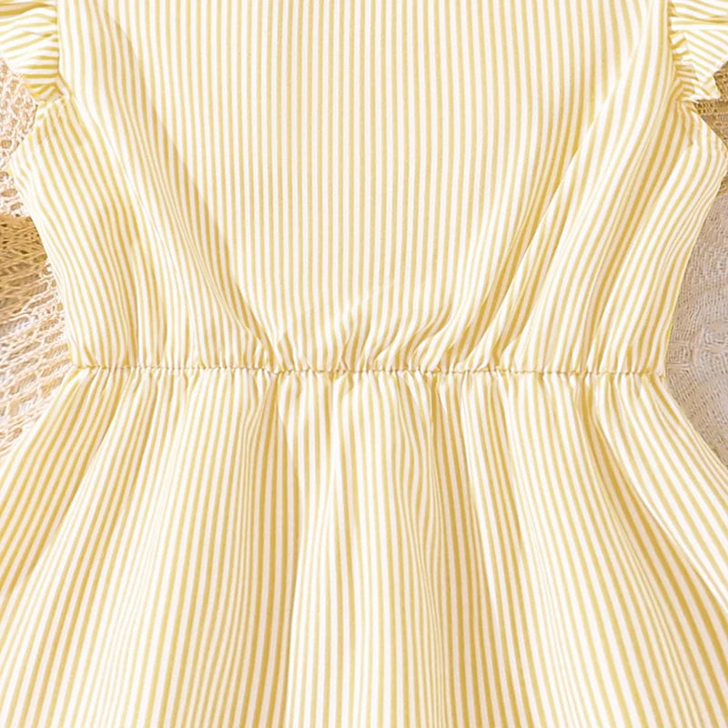 Girl Dress Summer New Light Blue Stripe Ruffled Sleeveless V-Neck Dress Elegant Cute Daily Casual Vacation Preppy Style Outifits