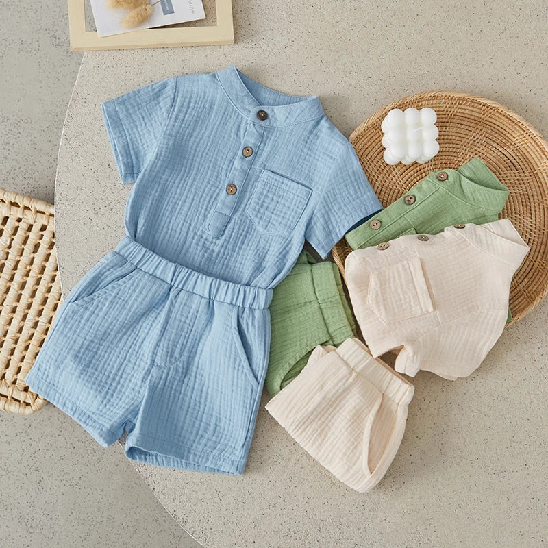 Suefunskry Toddler Boys Summer 2Pcs Casual Outfits Solid Color Short Sleeve Button Tops and Elastic Waist Shorts Sets 6M-4Y