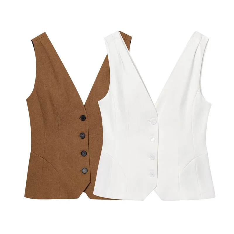 Women's Vest New Summer 2025 Solid Color Sleeveless Blend Vest Sexy V-neck Design Casual and Versatile Personality Fashion - AIAZ