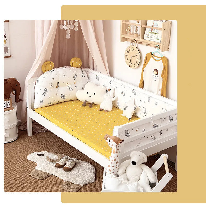 4Pcs Baby Bedding Set Cotton Cartoon Bear Head Crib Bed Protector Bumper Newborns Sheet Child Bed Baby Washable Cot Bedding Set