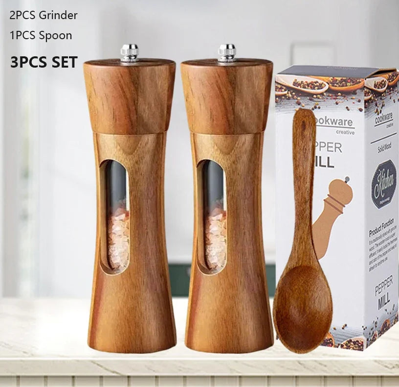 Wood Pepper Grinder Shaker Adjustable Ceramic Core Grinding Bottle with Base Wood Salt Pepper Mills for Kitchen Cooking BBQ