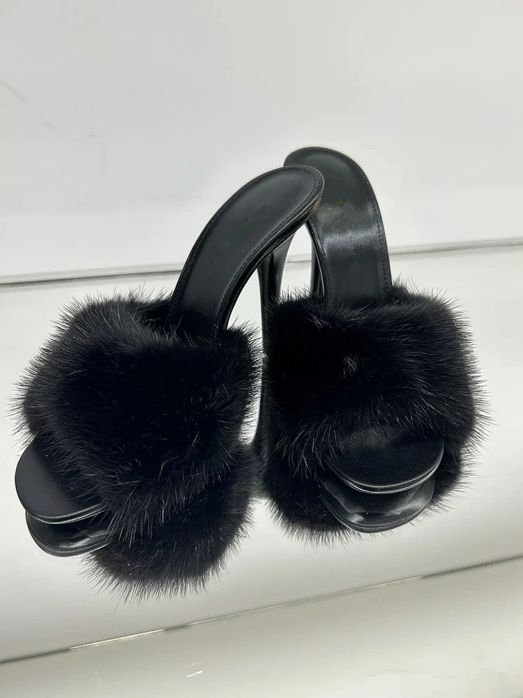 Thin high-heeled slippers summer new round-toed fish mouth fur leather fashion slippers banquet dress mink fur women's sandals