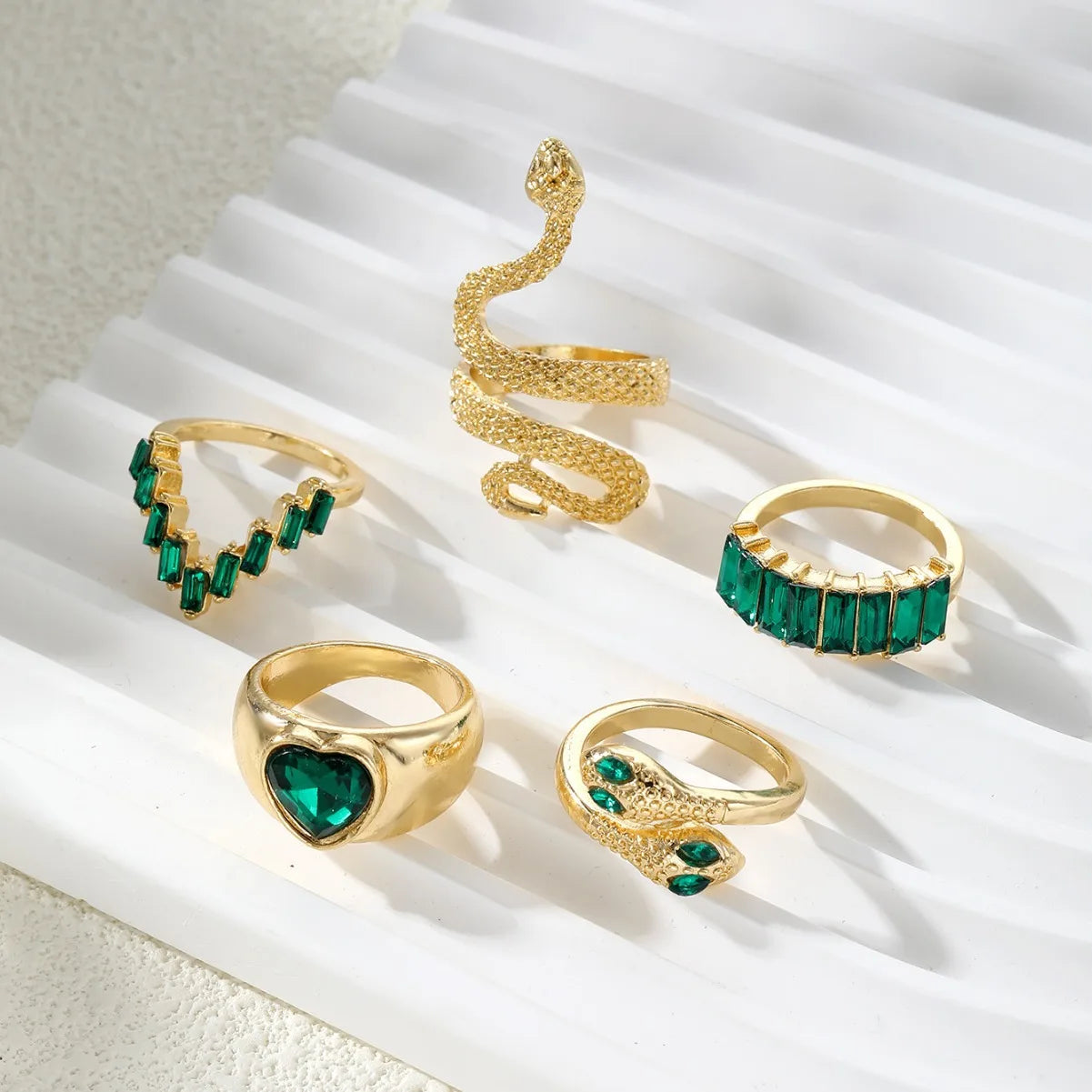 2024 New Tide Individuality Retro Geometric Hollowing Inlay Gem Rings SetLiquid State Metal Four-Piece Rings Set Paty Jewelry