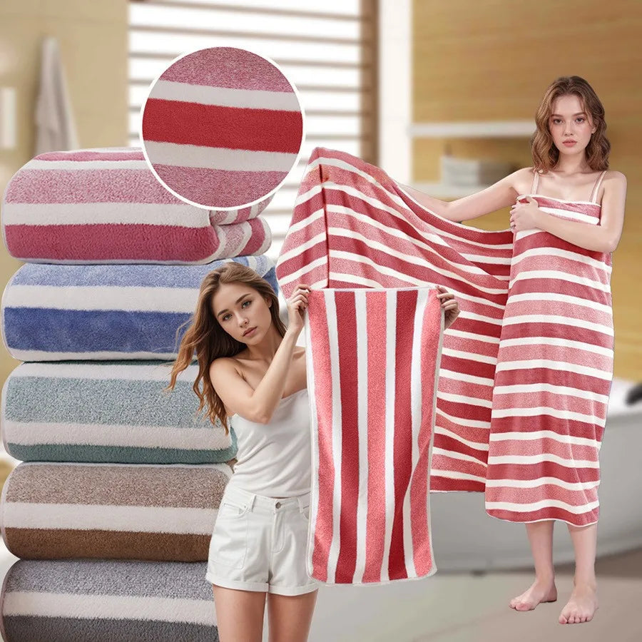 2PCS Thickened Absorbent Bath Towel Striped Pattern Towel Set Soft Face Towel for Home Bathroom Spa Quick Drying Microfiber