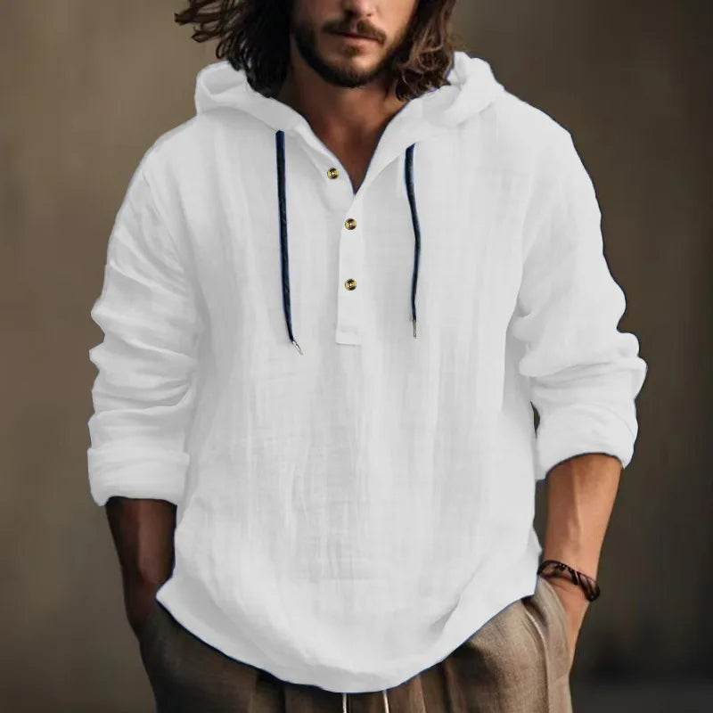 24 New cotton and linen shirts hooded loose large size casual sweater long sleeve hoodie men - AIAZ