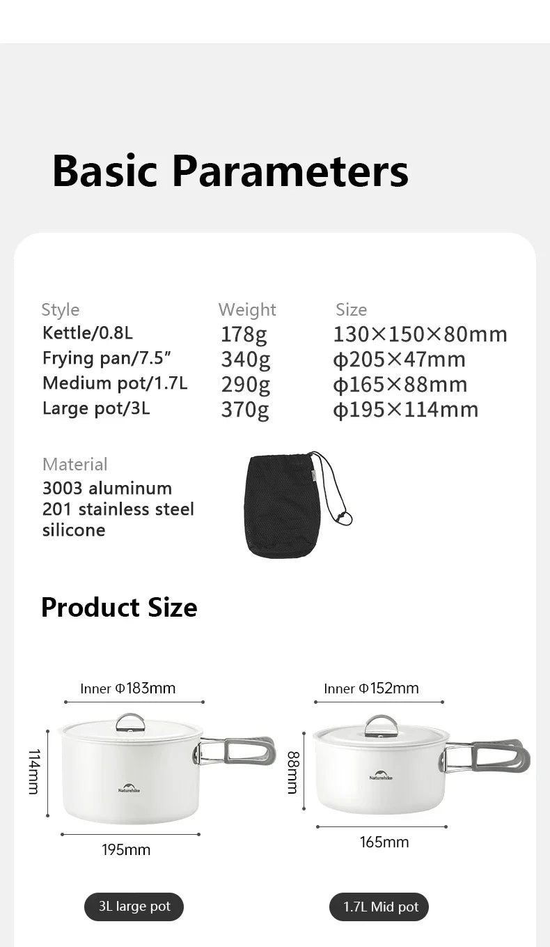 Naturehike Camping Cookware Ceramic Non-Stick Set Of Pots Outdoor Portable Tableware Kettle Frying Pan Cookset Kitchen Utensils