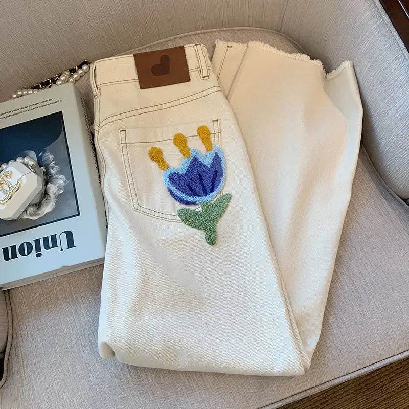 White Jeans For Women Spring High Waist Fashion Flower Design Straight Denim Pants Chic Loose Wide Leg Casual Trousers - AIAZ
