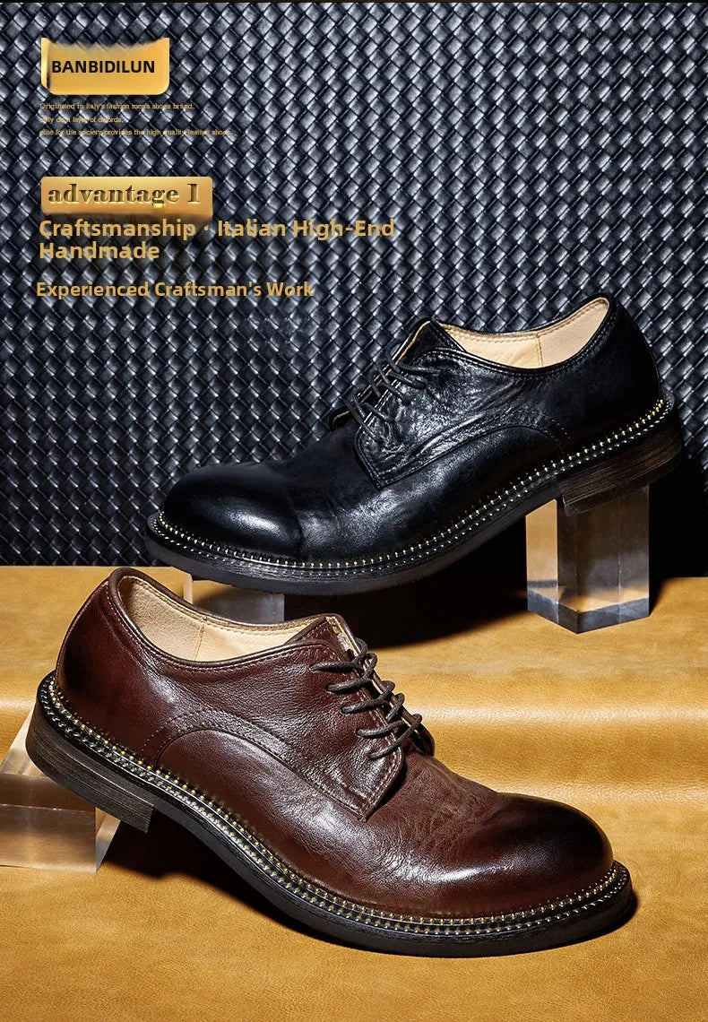 Bambi Deloren Handmade Leather  oes Men's Casual Briti Retro Busin oes Wear-Resistant Lace-Up round Toe Rubber ...