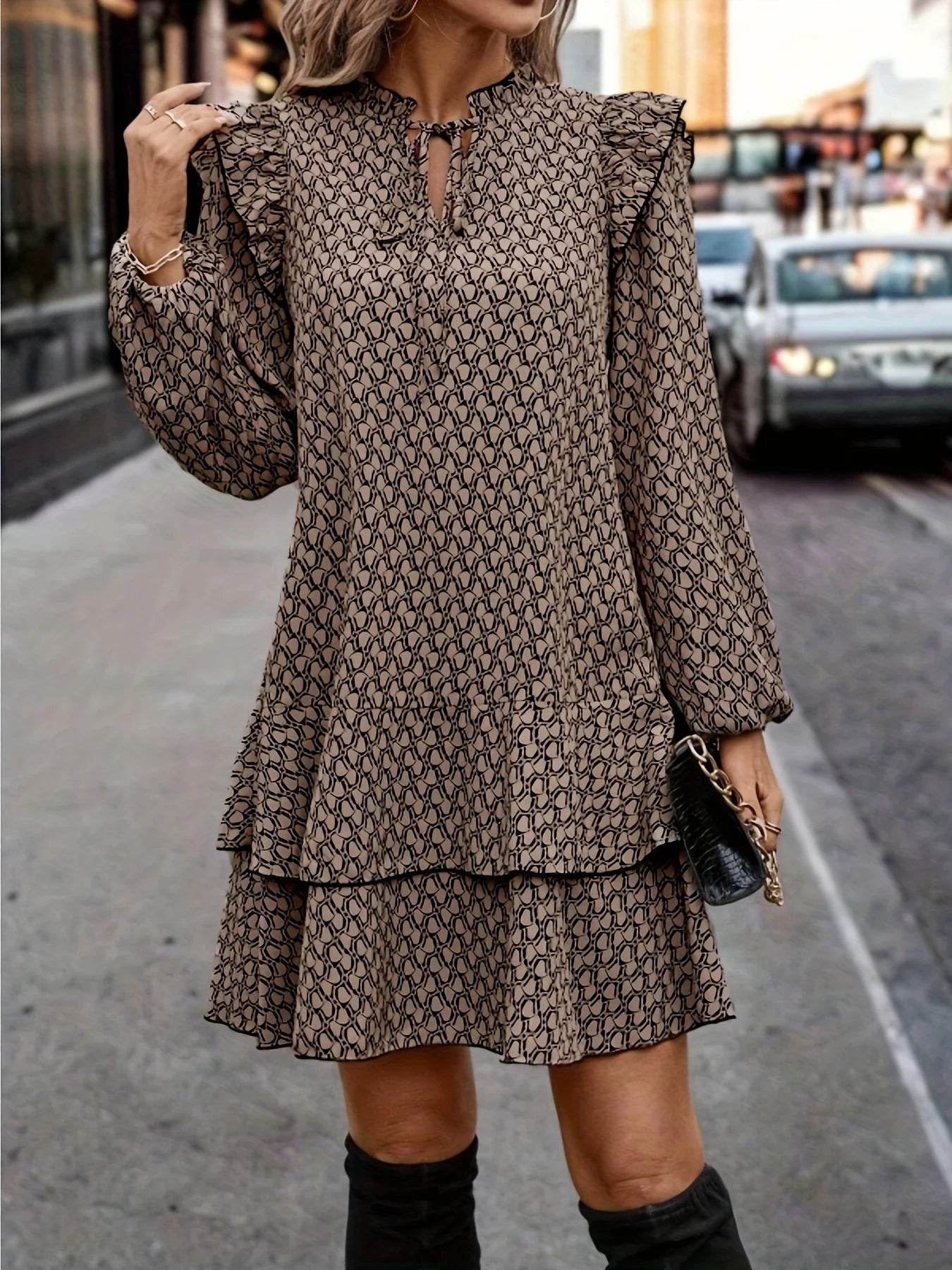 2024 Elegant Women's Casual Loose Ruffle Mini Dress Bohemian Printed V-neck Lace-up Small Flying Sleeve Dresses For Women - AIAZ