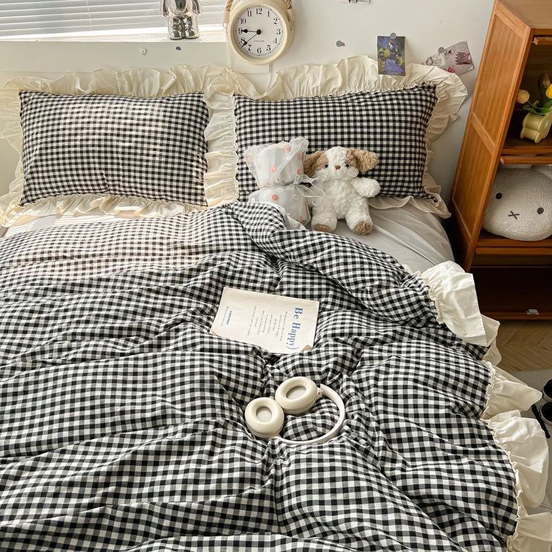 Korean Princess Style Bedding Set Soft Skin-friendly Lattice Lace Ruffles Quilt Cover Plaid Style Duvet Covers Set Pillowcases