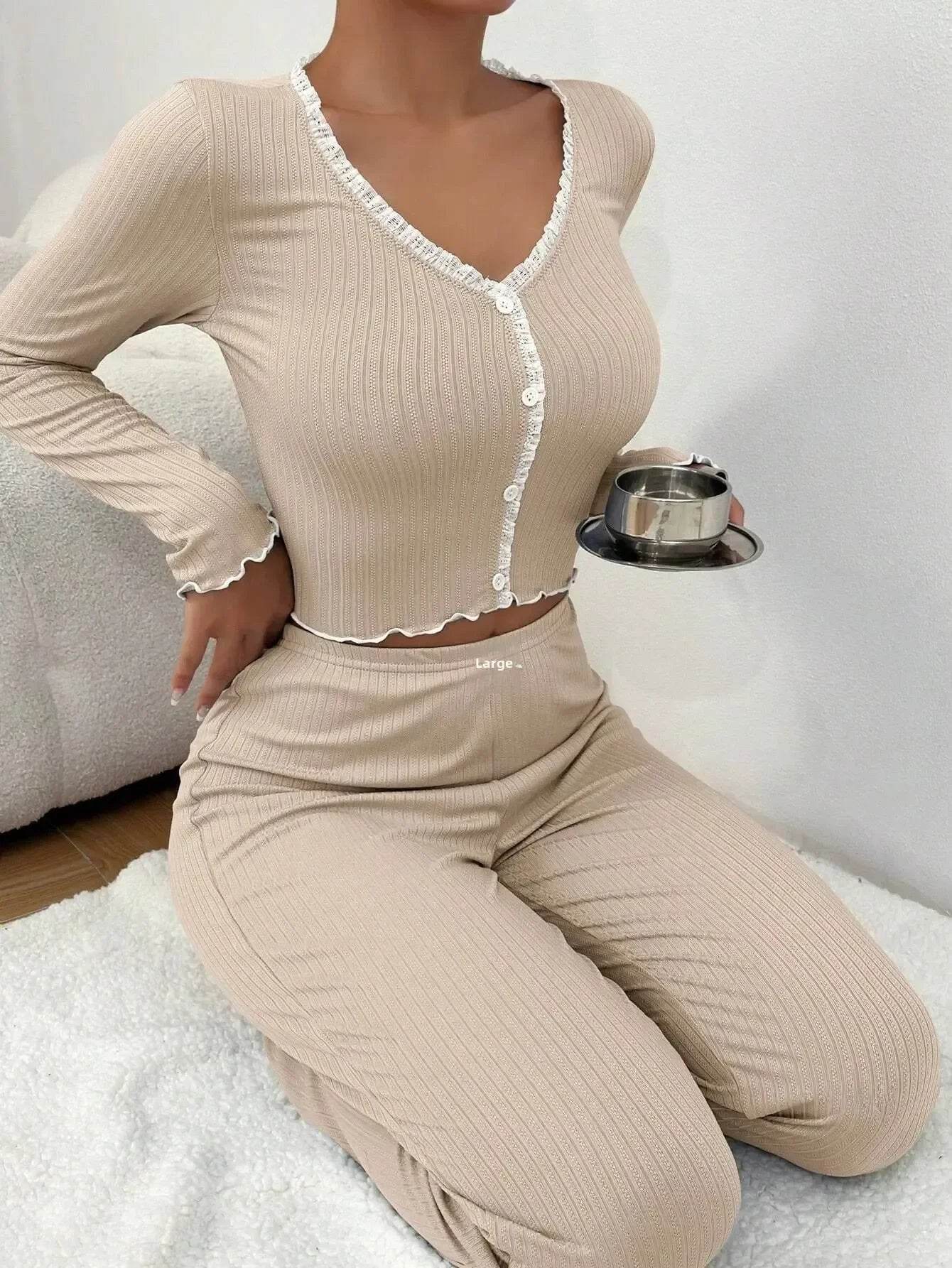 2024 Autumn Winter Homewear Pajamas Set for Women Long Sleeves Shirt Trousers 2 Pieces Sexy Lace Pijamas Sleepwear Loungewear - AIAZ
