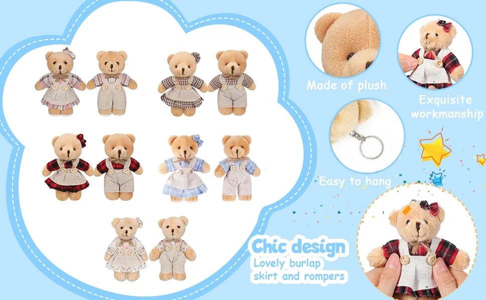 12-48PCS Mini Bear Stuffed Animal Toys Bulk 10cm Soft Plush Bears with Burlap Clothes for Baby Shower Birthday Party Decoration - AIAZ