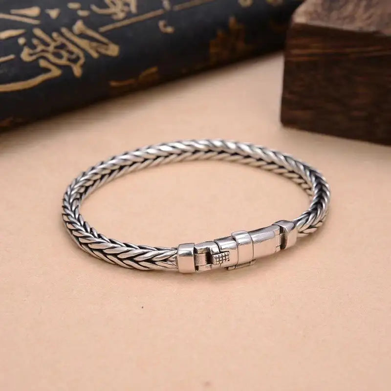 100% S925 Sterling Silver Handmade Woven Retro Domineering Style Personality Keel Man Woman Pure S925 Silver Bracelet Jewelry