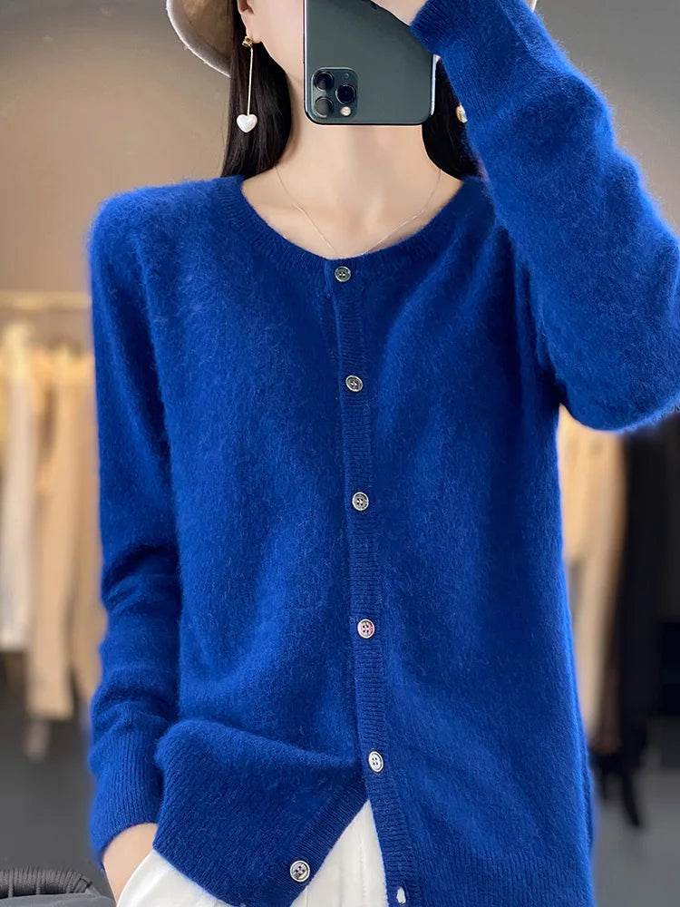 Women's Cardigan 100% Mink Cashmere Sweater,O-Neck Long Sleeve Top,Plus-Size Loose,Spring and Autumn Soft Knitted Jacket Female - AIAZ