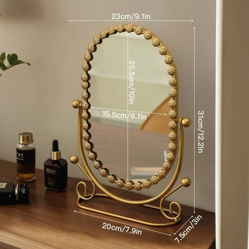 Light Luxury Wrought Iron Vertical Mirror Rotatable Retro Makeup Mirror Bedroom Vanity Mirror Desktop Ornament Photo Props