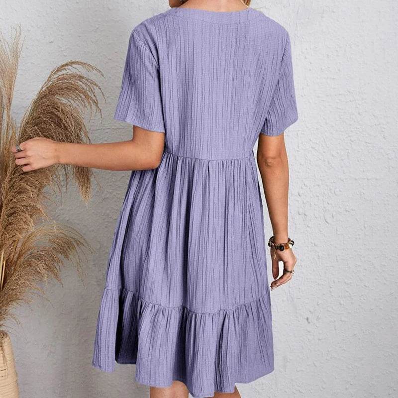 Women Mini Dress Summer Casual Solid V Neck Ruffles A-line Dress Female Fashion Holiday Boho Loose Beach Elegant Dresses Vestido - AIAZ