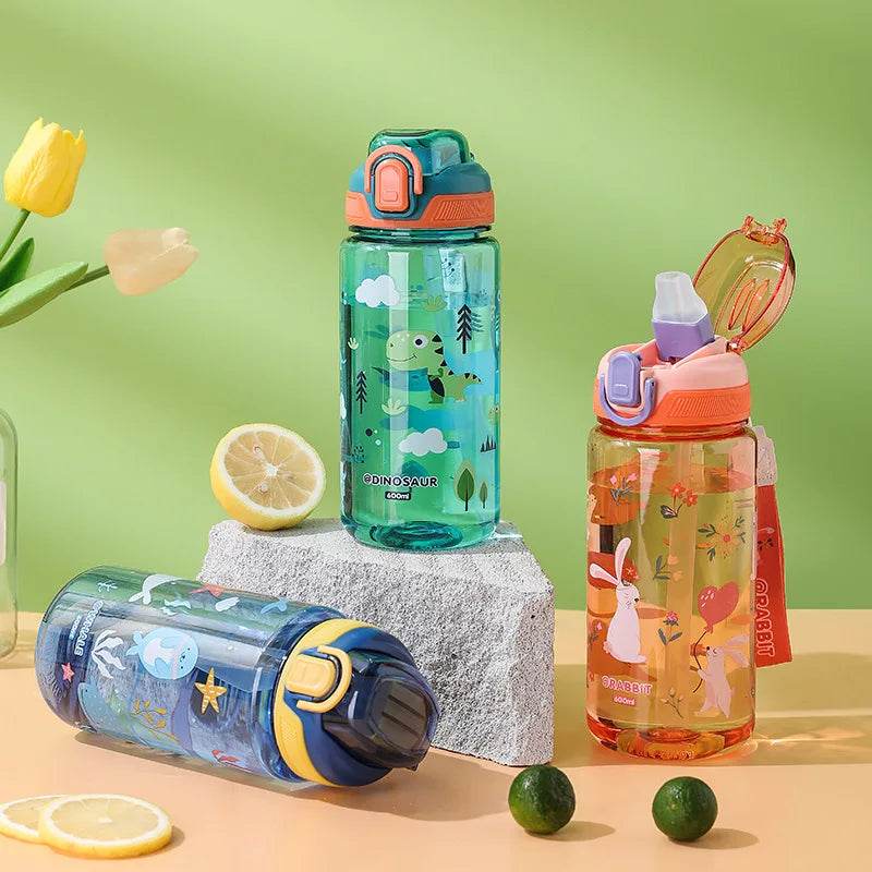 600ml Plastic Sports Water Bottles Cute Cartoon Children's Water Cup with Straw Leakproof Summer Outdoor Portable Kids Kettle - AIAZ