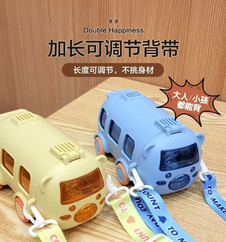 Baby Cute Panda Bus Portable Water Bottle with Shoulder Strap Kid Car Straw Water Cup Children's Water Bottle Drinking Cup