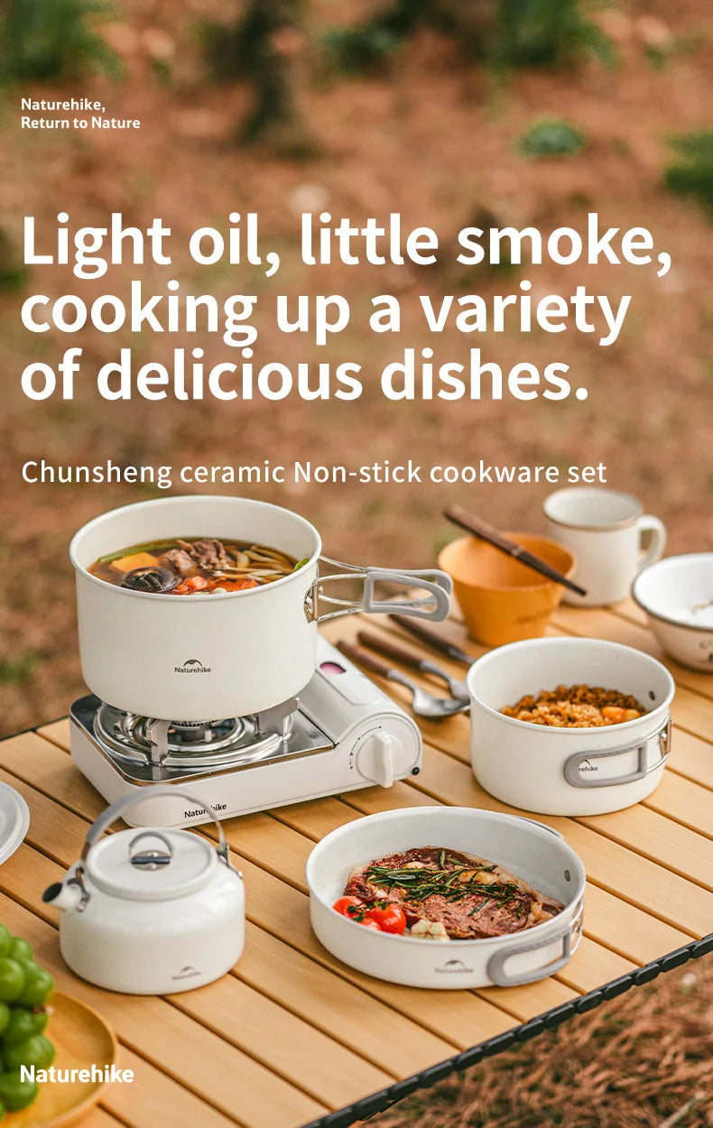 Naturehike Camping Cookware Ceramic Non-Stick Set Lightweight Portable Tableware Kettle Frying Pan Pot Cookset Kitchen Utensils