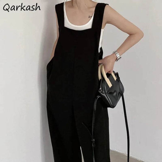 Black Jumpsuits Women Summer Thin Baggy Full Length Streetwear Korean Style Chic Temperament Vintage Casual Ladies Minimalist - AIAZ