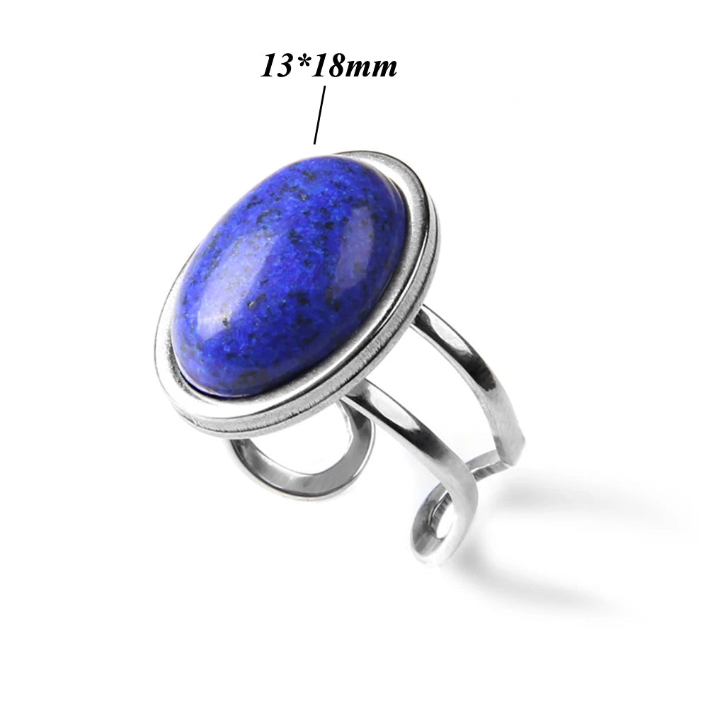 Cabochon Natural Stone Ring 10*14MM Oval Agates Turquois Quartzs Gem Finger Ring Silver Color Adjustable Open Rings Jewelry Gift