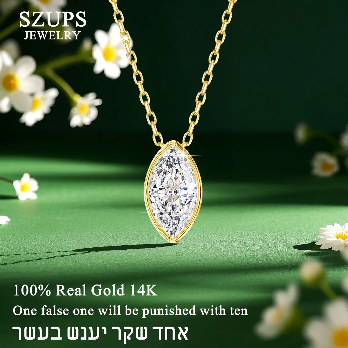 100% 14K Gold Marquise Cut Moissanite Pendant Necklace for Women Wedding Solitaire Choker Minimalist Luxury Collarbone Chain